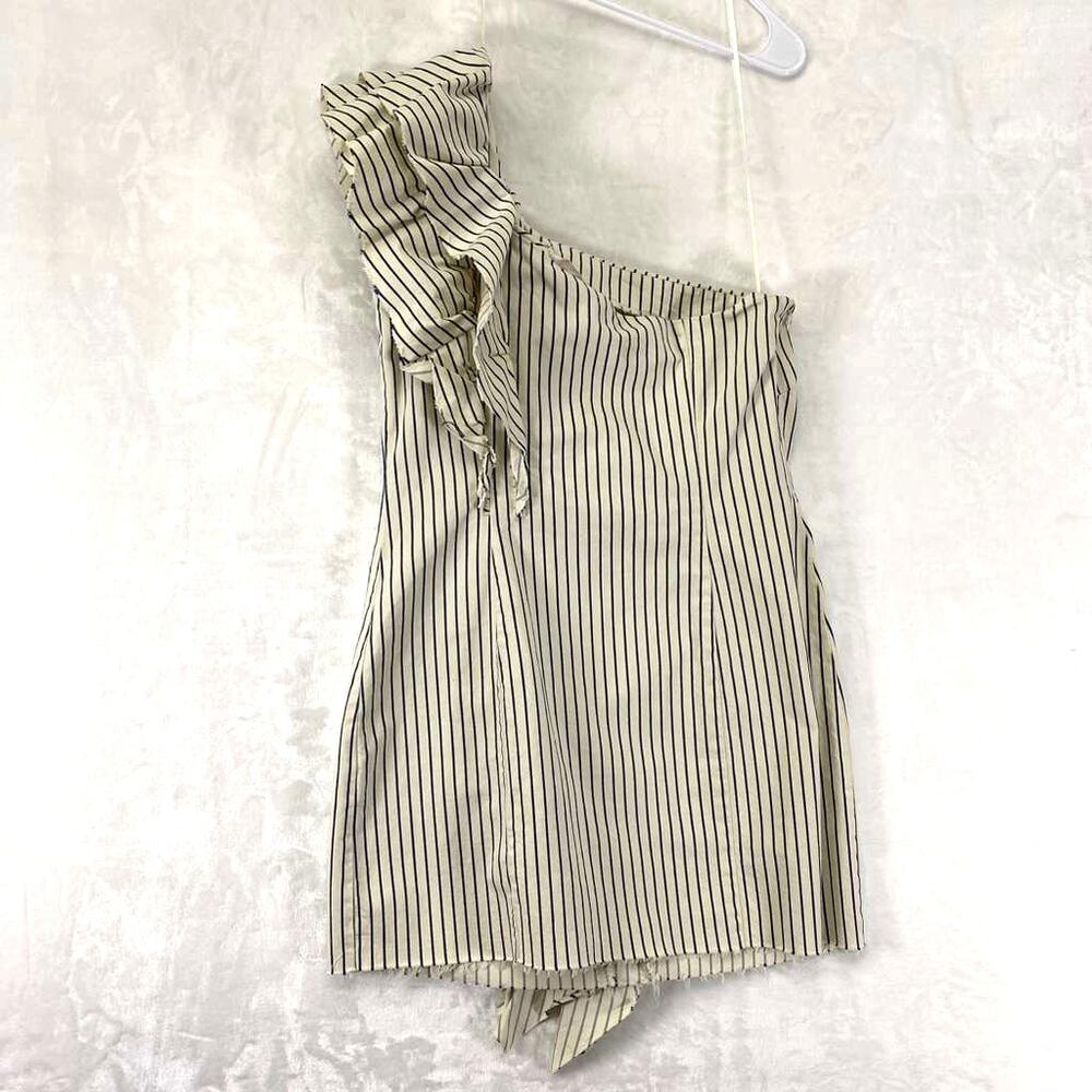 ZARA Denim Dress One Shoulder Ruffle Striped Ivory Blue Bodycon Sz M - Picture 6 of 8